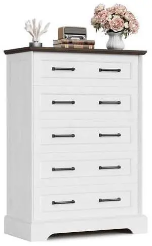 Furmax Farmhouse Dresser for Bedroom, 5 Drawers Dresser, Wood Chest of Drawers, 31.5" Wide Storage Dressers Organizer for Bedroom, Living Room (White and Brown) Furmax Farmhouse Dresser for Bedroom, 5 Drawers Dresser, Wood Chest of Drawers, 31.5" Wide Storage Dressers Organizer for Bedroom, Living Room (White and Brown)