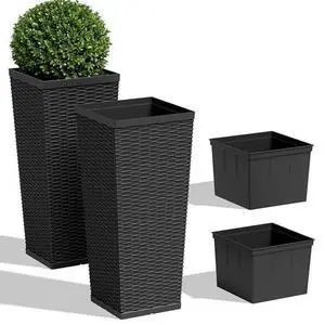 JUMMICO Set of 2 Resin Widened Tapered Planters, Rattan Texture Planters with Drainage Holes and Trays, Outdoor Flowers Pots for Plants, Porch & Patio Decor (Black, 30'' H, Inner Tray) JUMMICO Set of 2 Resin Widened Tapered Planters, Rattan Texture Planters with Drainage Holes and Trays, Outdoor Flowers Pots for Plants, Porch & Patio Decor (Black, 30'' H, Inner Tray)