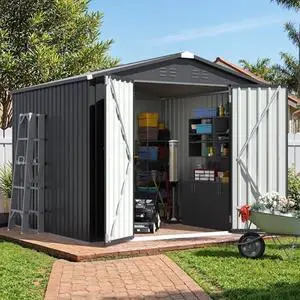 JUMMICO 8x8 FT Outdoor Storage Shed, Heavy Duty Tool Metal Sheds with 3 Lockable Doors and Updated Frame Structure, Utility Shed for Backyard, Patio, Lawn, Black JUMMICO 8x8 FT Outdoor Storage Shed, Heavy Duty Tool Metal Sheds with 3 Lockable Doors and Updated Frame Structure, Utility Shed for Backyard, Patio, Lawn, Black
