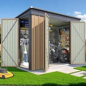 JUMMICO 8x4 FT Outdoor Storage Shed, Heavy Duty Tool Metal Sheds with 3 Lockable Doors and Updated Frame Structure, Utility Shed for Backyard, Patio, Lawn, Brown JUMMICO 8x4 FT Outdoor Storage Shed, Heavy Duty Tool Metal Sheds with 3 Lockable Doors and Updated Frame Structure, Utility Shed for Backyard, Patio, Lawn, Brown