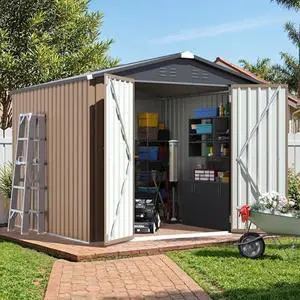 JUMMICO 8x8 FT Outdoor Storage Shed, Heavy Duty Tool Metal Sheds with 3 Lockable Doors and Updated Frame Structure, Utility Shed for Backyard, Patio, Lawn, Brown JUMMICO 8x8 FT Outdoor Storage Shed, Heavy Duty Tool Metal Sheds with 3 Lockable Doors and Updated Frame Structure, Utility Shed for Backyard, Patio, Lawn, Brown