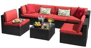 Devoko 7 Pieces Outdoor Sectional Sofa Patio Furniture Sets Manual Weaving Wicker Rattan Patio Conversation Sets with Cushion and Glass Table (Red) Devoko 7 Pieces Outdoor Sectional Sofa Patio Furniture Sets Manual Weaving Wicker Rattan Patio Conversation Sets with Cushion and Glass Table (Red)