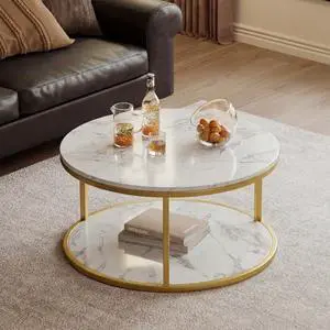 JUMMICO 36" Coffee Tables with Storage, 2-Tier Round Coffee Table, Center Table for Living Room, Furniture for Small Spaces, White Marble JUMMICO 36" Coffee Tables with Storage, 2-Tier Round Coffee Table, Center Table for Living Room, Furniture for Small Spaces, White Marble
