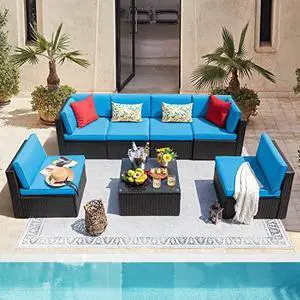 Devoko 7 Pieces Outdoor Sectional Sofa Patio Furniture Sets Manual Weaving Wicker Rattan Patio Conversation Sets with Cushion and Glass Table (Blue) Devoko 7 Pieces Outdoor Sectional Sofa Patio Furniture Sets Manual Weaving Wicker Rattan Patio Conversation Sets with Cushion and Glass Table (Blue)