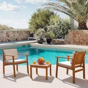 Devoko Patio Set 3 Piece Acacia Wood Outdoor Furniture Conversation Seat with Table & Cushions Porch Chairs for Balcony, Deck, Backyard, Beige Devoko Patio Set 3 Piece Acacia Wood Outdoor Furniture Conversation Seat with Table & Cushions Porch Chairs for Balcony, Deck, Backyard, Beige