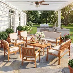 Devoko Patio Furniture Set 8 Pieces Acacia Wood Outdoor Furniture, Patio Set with Table & Cushions for Garden, Deck, Backyard, Natural Devoko Patio Furniture Set 8 Pieces Acacia Wood Outdoor Furniture, Patio Set with Table & Cushions for Garden, Deck, Backyard, Natural