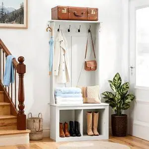 JUMMICO 67" Hall Tree with Bench and Shoe Storage, Farmhouse Entryway Bench with Coat Rack, Mudroom Storage Organizer with 2 Cubbies, 6 Hooks for Entryway, Living Room, White JUMMICO 67" Hall Tree with Bench and Shoe Storage, Farmhouse Entryway Bench with Coat Rack, Mudroom Storage Organizer with 2 Cubbies, 6 Hooks for Entryway, Living Room, White