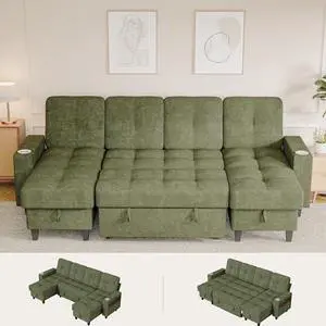 108" Sectional Couch Modular Sofa Bed with Storage Chaise, Pull Out Couch with Cup Holder, USB Charging & LED Lighting, Comfy U-Shaped Chenille Couch for Living Room, Apartment (Green, Sleeper Sofa-1) 108" Sectional Couch Modular Sofa Bed with Storage Chaise, Pull Out Couch with Cup Holder, USB Charging & LED Lighting, Comfy U-Shaped Chenille Couch for Living Room, Apartment (Green, Sleeper Sofa-1)