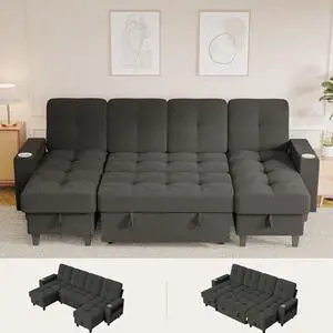 108" Sectional Couch Modular Sofa Bed with Storage Chaise, Pull Out Couch with Cup Holder, USB Charging & LED Lighting, Comfy U-Shaped Chenille Couch for Living Room, Apartment (Grey, Sleeper Sofa-1) 108" Sectional Couch Modular Sofa Bed with Storage Chaise, Pull Out Couch with Cup Holder, USB Charging & LED Lighting, Comfy U-Shaped Chenille Couch for Living Room, Apartment (Grey, Sleeper Sofa-1)