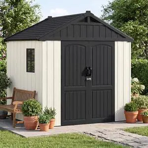 Devoko Plastic Outdoor Storage Shed with Floor, 8 x 6 FT Resin Tool Garden Shed with DIY Window and Lockable Door, Outside Kick-it Shed for Patio,Garden, Backyard, Lawn, Beige Devoko Plastic Outdoor Storage Shed with Floor, 8 x 6 FT Resin Tool Garden Shed with DIY Window and Lockable Door, Outside Kick-it Shed for Patio,Garden, Backyard, Lawn, Beige