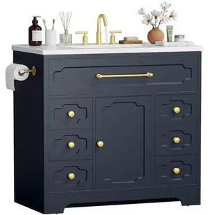 JUMMICO 36 Inch Bathroom Vanity with Ceramic Sink,Bathroom Storage Cabinet with Toilet Paper Holder&5 Drawers,Adjustable Shelf,Standing Bathroom Cabinet with Tip-Out Drawer,Blue JUMMICO 36 Inch Bathroom Vanity with Ceramic Sink,Bathroom Storage Cabinet with Toilet Paper Holder&5 Drawers,Adjustable Shelf,Standing Bathroom Cabinet with Tip-Out Drawer,Blue
