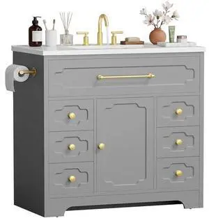 JUMMICO 36 Inch Bathroom Vanity with Ceramic Sink,Bathroom Storage Cabinet with Toilet Paper Holder&5 Drawers,Adjustable Shelf,Standing Bathroom Cabinet with Tip-Out Drawer,Grey JUMMICO 36 Inch Bathroom Vanity with Ceramic Sink,Bathroom Storage Cabinet with Toilet Paper Holder&5 Drawers,Adjustable Shelf,Standing Bathroom Cabinet with Tip-Out Drawer,Grey