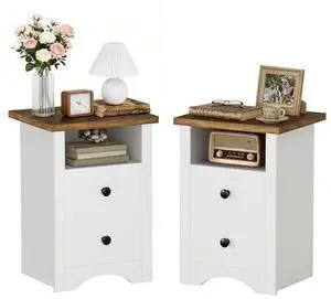JUMMICO Farmhouse Nightstands, End Table with 2 Storage Drawers and Open Shelf, Rustic Bedside Table for Bedroom, Living Room(2, White) JUMMICO Farmhouse Nightstands, End Table with 2 Storage Drawers and Open Shelf, Rustic Bedside Table for Bedroom, Living Room(2, White)