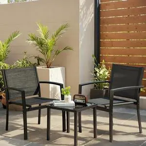 JUMMICO 3 Pieces Patio Furniture Set Outdoor Textilene Patio Chair Set of 2 with Table Modern Conversation Porch Set for Yard, Garden, Porch and Poolside (Black) JUMMICO 3 Pieces Patio Furniture Set Outdoor Textilene Patio Chair Set of 2 with Table Modern Conversation Porch Set for Yard, Garden, Porch and Poolside (Black)