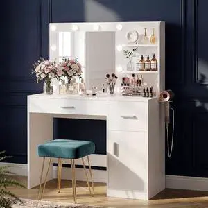 JUMMICO 35.4" Makeup Vanity Desk with LED Mirror & Power Outlet,Vanity with Mirror and Light,3 Open Shelves,Drawers,Cabinet,3-Setting Adjustable Lights Vanity for Bedroom & Dressing Room(Pure White) JUMMICO 35.4" Makeup Vanity Desk with LED Mirror & Power Outlet,Vanity with Mirror and Light,3 Open Shelves,Drawers,Cabinet,3-Setting Adjustable Lights Vanity for Bedroom & Dressing Room(Pure White)