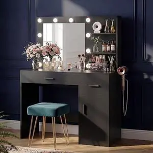 JUMMICO 35.4" Makeup Vanity Desk with LED Mirror & Power Outlet,Vanity with Mirror and Light,3 Open Shelves,Drawers,Cabinet,3-Setting Adjustable Lights Vanity for Bedroom&Dressing Room(Classic Black) JUMMICO 35.4" Makeup Vanity Desk with LED Mirror & Power Outlet,Vanity with Mirror and Light,3 Open Shelves,Drawers,Cabinet,3-Setting Adjustable Lights Vanity for Bedroom&Dressing Room(Classic Black)