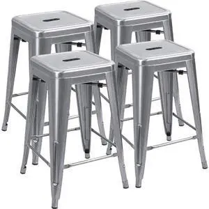 JUMMICO 24 Inches Metal Bar Stools Industrial Barstools Stackable High Backless Stools Vintage Indoor Outdoor Stackable Kitchen Stools Set of 4 (Silver) JUMMICO 24 Inches Metal Bar Stools Industrial Barstools Stackable High Backless Stools Vintage Indoor Outdoor Stackable Kitchen Stools Set of 4 (Silver)