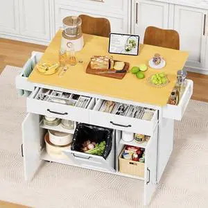 JUMMICO Rolling Kitchen Island with Drop Leaf, Mobile Cart on Wheels with Hidden Trash Can Cabinet and 2 Drawers, 56 Kitchen Storage Island with Spice Rack & Towel Rack for Dining Room, White JUMMICO Rolling Kitchen Island with Drop Leaf, Mobile Cart on Wheels with Hidden Trash Can Cabinet and 2 Drawers, 56 Kitchen Storage Island with Spice Rack & Towel Rack for Dining Room, White