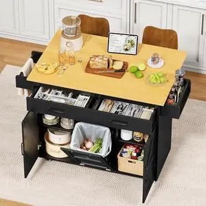 JUMMICO Rolling Kitchen Island with Drop Leaf, Mobile Cart on Wheels with Hidden Trash Can Cabinet and 2 Drawers, 56 Kitchen Storage Island with Spice Rack & Towel Rack for Dining Room, Black JUMMICO Rolling Kitchen Island with Drop Leaf, Mobile Cart on Wheels with Hidden Trash Can Cabinet and 2 Drawers, 56 Kitchen Storage Island with Spice Rack & Towel Rack for Dining Room, Black