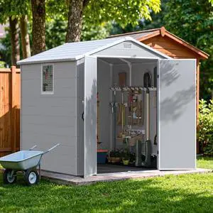 Devoko 6x6 FT Resin Shed with Floor, Outdoor Plastic Storage Sheds with Windows, Waterproof Utility Tool Garden Shed with Lockable Door for Backyard Patio Lawn, Light Gray Devoko 6x6 FT Resin Shed with Floor, Outdoor Plastic Storage Sheds with Windows, Waterproof Utility Tool Garden Shed with Lockable Door for Backyard Patio Lawn, Light Gray
