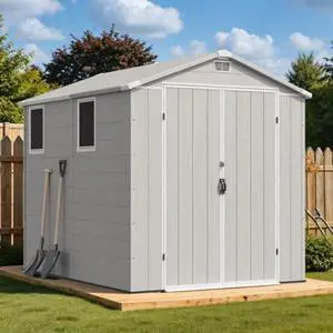 Devoko 6x8 FT Resin Storage Shed with Floor, Outdoor Plastic Garden Shed with Window, Waterproof Tool Storage Shed with Lockable Door for Backyard, Patio, Lawn, Light Gray Devoko 6x8 FT Resin Storage Shed with Floor, Outdoor Plastic Garden Shed with Window, Waterproof Tool Storage Shed with Lockable Door for Backyard, Patio, Lawn, Light Gray