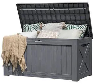 Flamaker Resin Deck Box 120 Gallon Waterproof Large Outdoor Indoor Storage Box Imitation Wood Resin for Patio Furniture Garden Tools and Pool (Gray) Flamaker Resin Deck Box 120 Gallon Waterproof Large Outdoor Indoor Storage Box Imitation Wood Resin for Patio Furniture Garden Tools and Pool (Gray)