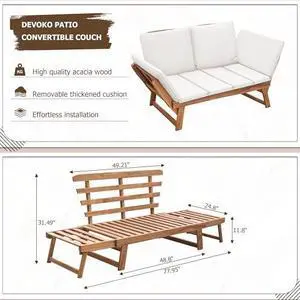 Devoko Outdoor Couch Acacia Wood Patio Couch with Adjustable Armrests, Outdoor Convertible Sofa with Removable Cushions & Pillows for Patio, Porch, Poolside(White) Devoko Outdoor Couch Acacia Wood Patio Couch with Adjustable Armrests, Outdoor Convertible Sofa with Removable Cushions & Pillows for Patio, Porch, Poolside(White)