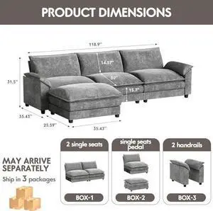 Homall 119" Modular Sectional Sofa, L Shaped Sofa Couch with Reversible Ottoman, DIY Combination Chenille Deep 3-Seat Cloud Couch for Living Room, Apartment (Light Grey, L Shaped Sofa) Homall 119" Modular Sectional Sofa, L Shaped Sofa Couch with Reversible Ottoman, DIY Combination Chenille Deep 3-Seat Cloud Couch for Living Room, Apartment (Light Grey, L Shaped Sofa)