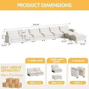Homall 232" Modular Sectional Sofa, Oversized Sofa Couch with Reversible Ottoman, DIY Combination Chenille Deep 6-Seat Cloud Couch for Living Room, Apartment (White, Oversized Sofa) Homall 232" Modular Sectional Sofa, Oversized Sofa Couch with Reversible Ottoman, DIY Combination Chenille Deep 6-Seat Cloud Couch for Living Room, Apartment (White, Oversized Sofa)