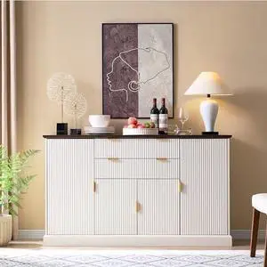 IFGET Fluted Buffet Cabinet with Storage, Sideboard Cabinet with Adjustable Shelves, Wood Rustic Coffee Bar with 2 Drawer and 4 Doors Kitchen, and Living Room, White IFGET Fluted Buffet Cabinet with Storage, Sideboard Cabinet with Adjustable Shelves, Wood Rustic Coffee Bar with 2 Drawer and 4 Doors Kitchen, and Living Room, White