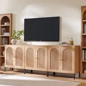 IFGET Modern TV Stands for 80 inch tvs, 92.63" W Wood Entertainment Center w/Adjustable Shelves, Mid Century Modern TV Stand w/Arched Fluted Doors, Media Console Cabinet for Living Room, Natural IFGET Modern TV Stands for 80 inch tvs, 92.63" W Wood Entertainment Center w/Adjustable Shelves, Mid Century Modern TV Stand w/Arched Fluted Doors, Media Console Cabinet for Living Room, Natural