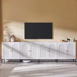 IFGET Modern TV Stands for 85 Inch TVs, 123.5"W Wood Entertainment Center w/Adjustable Shelves, Mid Century Modern TV Stand w/Arched Fluted Doors, Media Console Cabinet for Living Room, White IFGET Modern TV Stands for 85 Inch TVs, 123.5"W Wood Entertainment Center w/Adjustable Shelves, Mid Century Modern TV Stand w/Arched Fluted Doors, Media Console Cabinet for Living Room, White