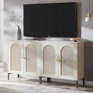IFGET Modern TV Stands for 75 Inch tvs, 61.75"W Wood Entertainment Center w/Adjustable Shelves, Mid Century Modern TV Stand w/Arched Fluted Doors, Media Console Cabinet for Living Room, Cream IFGET Modern TV Stands for 75 Inch tvs, 61.75"W Wood Entertainment Center w/Adjustable Shelves, Mid Century Modern TV Stand w/Arched Fluted Doors, Media Console Cabinet for Living Room, Cream