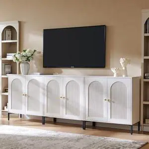 IFGET Modern TV Stands for 80 Inch TV, 92.63" W Wood Entertainment Center w/Adjustable Shelves, Mid Century Modern TV Stand w/Arched Fluted Doors, Media Console Cabinet for Living Room, White IFGET Modern TV Stands for 80 Inch TV, 92.63" W Wood Entertainment Center w/Adjustable Shelves, Mid Century Modern TV Stand w/Arched Fluted Doors, Media Console Cabinet for Living Room, White