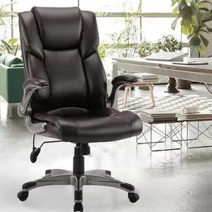 COLAMY Leather Executive Office Chair- High Back Home Computer Desk Chair with Padded Flip-up Arms, Adjustable Tilt Lock, Swivel Rolling Ergonomic Chair for Adult Working Study-Brown, Set of 2 COLAMY Leather Executive Office Chair- High Back Home Computer Desk Chair with Padded Flip-up Arms, Adjustable Tilt Lock, Swivel Rolling Ergonomic Chair for Adult Working Study-Brown, Set of 2