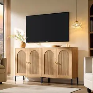 IFGET Modern TV Stands for 75 Inch TVs, 61.75"W Wood Entertainment Center w/Adjustable Shelves, Mid Century Modern TV Stand w/Arched Fluted Doors, Media Console Cabinet for Living Room, Natural IFGET Modern TV Stands for 75 Inch TVs, 61.75"W Wood Entertainment Center w/Adjustable Shelves, Mid Century Modern TV Stand w/Arched Fluted Doors, Media Console Cabinet for Living Room, Natural