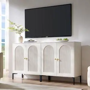 IFGET Modern TV Stands for 75 Inch TVs, 61.75"W Wood Entertainment Center w/Adjustable Shelves, Mid Century Modern TV Stand w/Arched Fluted Doors, Media Console Cabinet for Living Room, White IFGET Modern TV Stands for 75 Inch TVs, 61.75"W Wood Entertainment Center w/Adjustable Shelves, Mid Century Modern TV Stand w/Arched Fluted Doors, Media Console Cabinet for Living Room, White