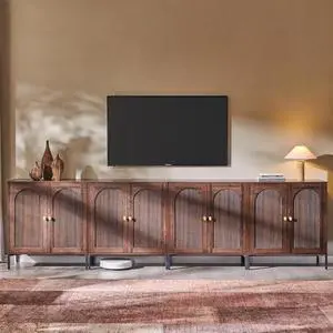 IFGET Modern TV Stands for 85 Inch TVs, 123.5"W Wood Entertainment Center w/Adjustable Shelves, Mid Century Modern TV Stand w/Arched Fluted Doors, Media Console Cabinet for Living Room, Brown IFGET Modern TV Stands for 85 Inch TVs, 123.5"W Wood Entertainment Center w/Adjustable Shelves, Mid Century Modern TV Stand w/Arched Fluted Doors, Media Console Cabinet for Living Room, Brown
