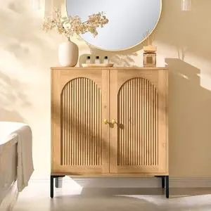 IFGET Bathroom Storage Cabinet with Doors, 34" Tall Fluted Arched Free Standing Floor Cabinet w/Adjustable Shelves, Modern Sideboard Cabinet for Bathroom, Kitchen, Living Room, Entryway, Natural IFGET Bathroom Storage Cabinet with Doors, 34" Tall Fluted Arched Free Standing Floor Cabinet w/Adjustable Shelves, Modern Sideboard Cabinet for Bathroom, Kitchen, Living Room, Entryway, Natural