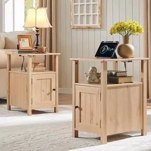 IFGET Farmhouse Nightstand Set of 2, End Table with Charging Station, Rustic Side Table w/Barn Door & Open Shelves, Bedside Table w/Storage Space and Storage Cabinet for Bedroom, Living Room (Natural) IFGET Farmhouse Nightstand Set of 2, End Table with Charging Station, Rustic Side Table w/Barn Door & Open Shelves, Bedside Table w/Storage Space and Storage Cabinet for Bedroom, Living Room (Natural)