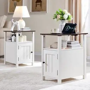 IFGET Farmhouse Nightstand Set of 2, End Table with Charging Station, Rustic Side Table w/Barn Door & Open Shelves, Bedside Table w/Storage Space and Storage Cabinet for Bedroom, Living Room (White) IFGET Farmhouse Nightstand Set of 2, End Table with Charging Station, Rustic Side Table w/Barn Door & Open Shelves, Bedside Table w/Storage Space and Storage Cabinet for Bedroom, Living Room (White)