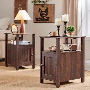 IFGET Farmhouse Nightstand Set of 2, End Table with Charging Station, Rustic Side Table w/Barn Door & Open Shelves, Bedside Table w/Storage Space and Storage Cabinet for Bedroom, Living Room (Brown) IFGET Farmhouse Nightstand Set of 2, End Table with Charging Station, Rustic Side Table w/Barn Door & Open Shelves, Bedside Table w/Storage Space and Storage Cabinet for Bedroom, Living Room (Brown)