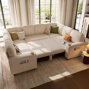 LINSY HOME Sectional Sleeper Sofa with Pull Out Couch Bed - Convertible Plush Corduroy Cloud Couch with Storage Chaise & USB Charging, Comfy Modular Couches for Living Room, Beige LINSY HOME Sectional Sleeper Sofa with Pull Out Couch Bed - Convertible Plush Corduroy Cloud Couch with Storage Chaise & USB Charging, Comfy Modular Couches for Living Room, Beige