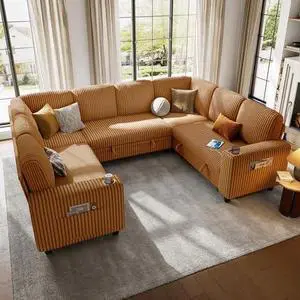 LINSY HOME Sectional Sleeper Sofa with Pull Out Couch Bed - Convertible Plush Corduroy Cloud Couch with Storage Chaise & USB Charging, Comfy Modular Couches for Living Room, Brown LINSY HOME Sectional Sleeper Sofa with Pull Out Couch Bed - Convertible Plush Corduroy Cloud Couch with Storage Chaise & USB Charging, Comfy Modular Couches for Living Room, Brown