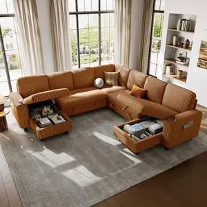 LINSY HOME Sectional Sleeper Sofa with Pull Out Couch Bed - Convertible Plush Corduroy Cloud Couches with Storage Chaise & USB Charging, Comfy Modular Couch for Living Room, Brown LINSY HOME Sectional Sleeper Sofa with Pull Out Couch Bed - Convertible Plush Corduroy Cloud Couches with Storage Chaise & USB Charging, Comfy Modular Couch for Living Room, Brown