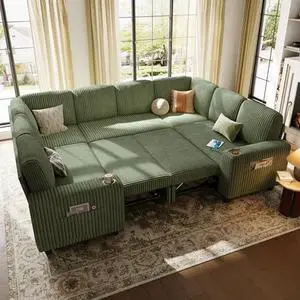 LINSY HOME Sectional Sleeper Sofa with Pull Out Couch Bed - Convertible Plush Corduroy Cloud Couch with Storage Chaise & USB Charging, Comfy Modular Couches for Living Room, Green LINSY HOME Sectional Sleeper Sofa with Pull Out Couch Bed - Convertible Plush Corduroy Cloud Couch with Storage Chaise & USB Charging, Comfy Modular Couches for Living Room, Green