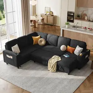LINSY HOME Sectional Sleeper Sofa with Pull Out Couch Bed - Convertible Plush Corduroy Cloud Couch with Storage Chaise & USB Charging, Comfy Modular Couches for Living Room, Black LINSY HOME Sectional Sleeper Sofa with Pull Out Couch Bed - Convertible Plush Corduroy Cloud Couch with Storage Chaise & USB Charging, Comfy Modular Couches for Living Room, Black