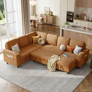 LINSY HOME Sectional Sleeper Sofa with Pull Out Couch Bed - Convertible Plush Corduroy Cloud Couch with Storage Chaise & USB Charging, Comfy Modular Couches for Living Room, Brown LINSY HOME Sectional Sleeper Sofa with Pull Out Couch Bed - Convertible Plush Corduroy Cloud Couch with Storage Chaise & USB Charging, Comfy Modular Couches for Living Room, Brown