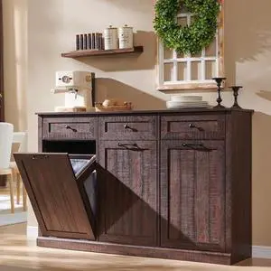 IFGET Triple Tilt Out Trash Can Cabinet, 20 Gallon Farmhouse Laundry Hamper Cabinet w/3 Drawers & Adjustable Shelf, Hidden Wooden Trash Can Cabinets with Storage Basket for Kitchen (Brown) IFGET Triple Tilt Out Trash Can Cabinet, 20 Gallon Farmhouse Laundry Hamper Cabinet w/3 Drawers & Adjustable Shelf, Hidden Wooden Trash Can Cabinets with Storage Basket for Kitchen (Brown)