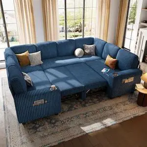 LINSY HOME Sectional Sleeper Sofa with Pull Out Couch Bed - Convertible Plush Corduroy Cloud Couch with Storage Chaise & USB Charging, Comfy Modular Couches for Living Room, Blue LINSY HOME Sectional Sleeper Sofa with Pull Out Couch Bed - Convertible Plush Corduroy Cloud Couch with Storage Chaise & USB Charging, Comfy Modular Couches for Living Room, Blue
